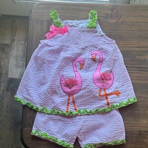 Rare editions Pink Flamingo Seersucker Tank & Shorts Set with Green Ruffle 3t